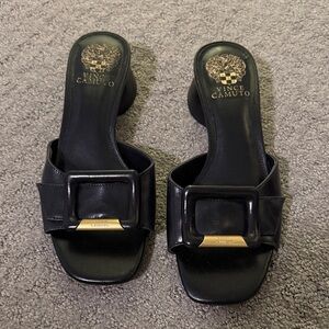 Vince Camuto Black Leather Buckle Slide Mules with Gold Accent